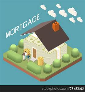 Bank mortgage for buying home isometric composition with family in front of house from banknotes vector illustration