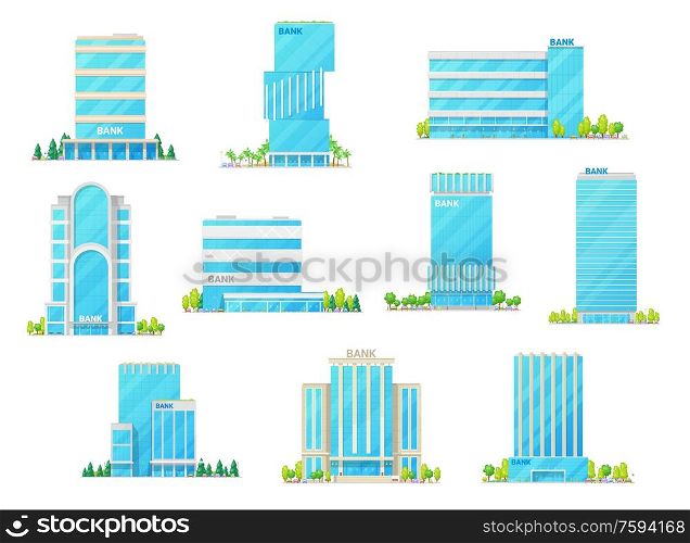 Bank, office and financial building vector icons. Tall office buildings and skyscrapers with modern glass facades, entrance doors, car parking lots and trees, commercial property and infrastructure. Bank, office and business center buildings