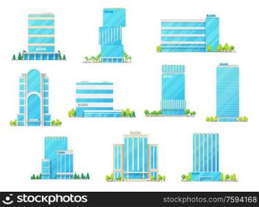 Bank, office and financial building vector icons. Tall office buildings and skyscrapers with modern glass facades, entrance doors, car parking lots and trees, commercial property and infrastructure. Bank, office and business center buildings