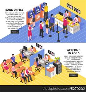 Bank Office Horizontal Isometric Banners. Bank office horizontal isometric banners with service of visitors, waiting area, atm, interior elements isolated vector illustration