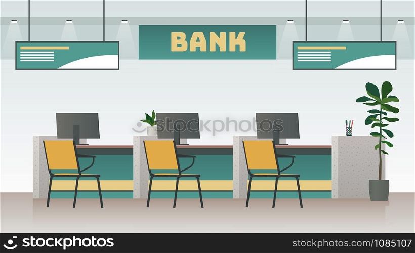 Bank office interior. Big work corporate room with computer and desk or table, empty inside space of building vector banking modern working design. Bank office interior. Big work corporate room with computer and desk or table, empty inside space of building vector image