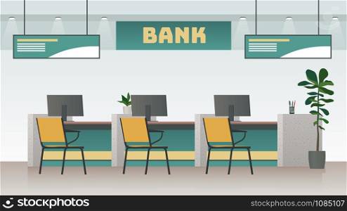 Bank office interior. Big work corporate room with computer and desk or table, empty inside space of building vector banking modern working design. Bank office interior. Big work corporate room with computer and desk or table, empty inside space of building vector image