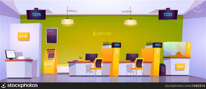 Bank office interior with atm, cash box, staff desk and reception counter. Vector cartoon illustration of empty bank lobby with furniture, queue displays and automated teller machine. Bank office interior with atm, cash box and tables