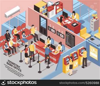 Bank Office Isometric Illustration. Bank office with interior elements, clients near workers and atms, in waiting area isometric vector illustration