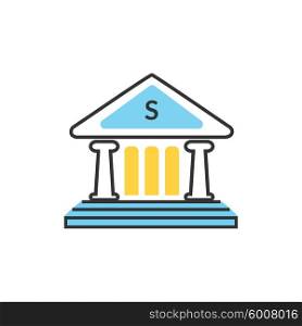 Bank office symbol with ATM dollars and safe icon. Banking concept in flat design. Bank building, finance house, money home, bank icon, banker, bank interior, business house