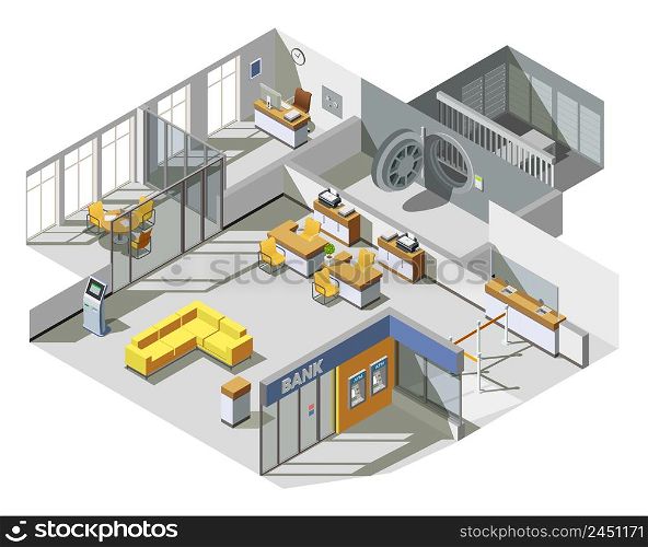 Bank offices space interior isometric view with customer assistants desks cash machine and waiting area vector illustration . Bank Office Interior Isometric Composition