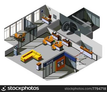Bank offices space interior isometric view with customer assistants desks cash machine and waiting area vector illustration . Bank Office Interior Isometric Composition