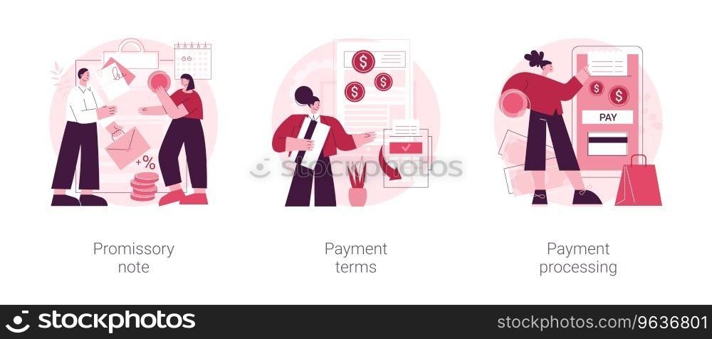 Bank operations abstract concept vector illustration set. Promissory note, payment terms and processing, loan agreement, busi≠ss cash flow, credit card, automated transaction abstract metaphor.. Bank operations abstract concept vector illustrations.