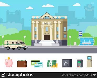 Bank Orthogonal Concept. Orthogonal concept with city bank office and financial tools including money and computer technologies isolated vector illustration