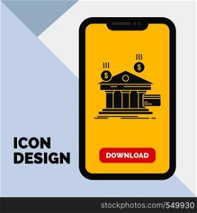 bank, payments, banking, financial, money Glyph Icon in Mobile for Download Page. Yellow Background. Vector EPS10 Abstract Template background