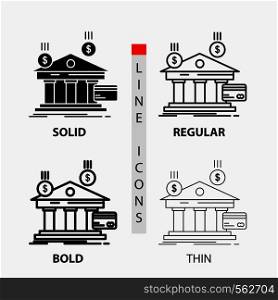bank, payments, banking, financial, money Icon in Thin, Regular, Bold Line and Glyph Style. Vector illustration. Vector EPS10 Abstract Template background