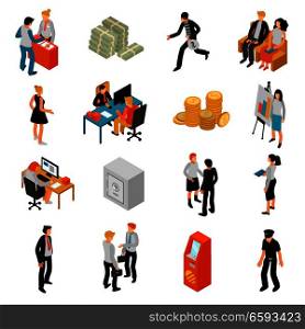 Bank people isometric icons set with teller financial adviser customer policeman coins banknotes lock safe isolated vector illustration . Bank People Isometric Icons 
