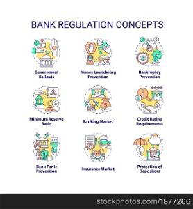 Bank regulation concept icons set. Money laundering prevention. Government bailouts. Banking market idea thin line color illustrations. Vector isolated outline drawings. Editable stroke. Bank regulation concept icons set