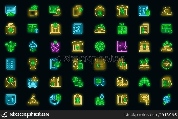 Bank reserves icons set. Outline set of bank reserves vector icons neon color on black. Bank reserves icons set vector neon