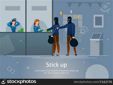 Bank Robbery by Masked Criminals Banner Vector Illustration. Gangsters Armed Attack with Force, Violence Organized to Steal Money from Financial Institution, Poor Office Security Service.. Bank Robbery by Masked Criminal, Girl Gives Money.