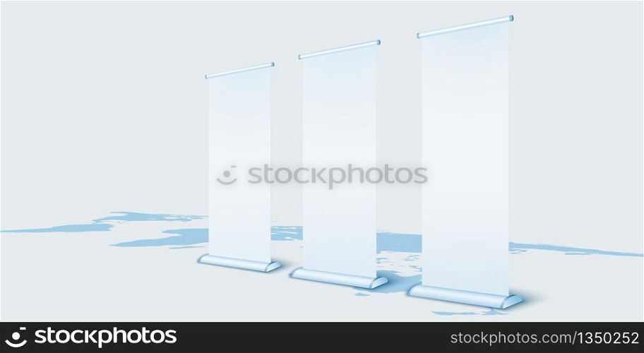 Bank Roll up on World Map. Blue Template Mock up for advertising. 3d Perspective illustration