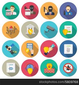 Bank security flat icons set. Internet banking operations safety flat icons set with detecting malware protective shield round abstract isolated vector illustration
