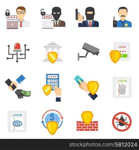 Bank security flat icons set. Internet banking system safety flat icons set with virus and hackers detecting software abstract isolated vector illustration