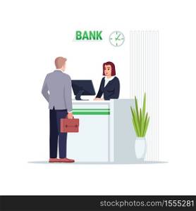 Bank semi flat RGB color vector illustration. Man talk with advisor on reception. Cashier with male client. Financial consultant with customer isolated cartoon characters on white background. Bank semi flat RGB color vector illustration