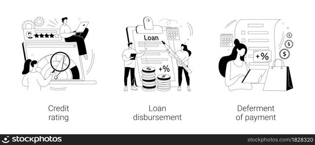 Bank service abstract concept vector illustration set. Credit rating, loan disbursement, deferment of payment, risk evaluation, student loan, payment terms, financial hardship abstract metaphor.. Bank service abstract concept vector illustrations.