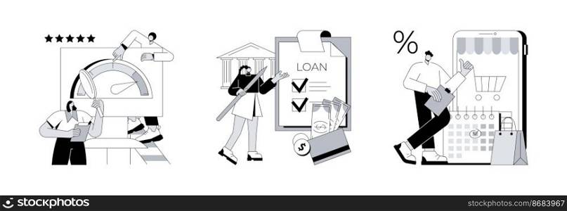 Bank service abstract concept vector illustration set. Credit rating, loan disbursement, deferment of payment, risk evaluation, student loan, payment terms, financial hardship abstract metaphor.. Bank service abstract concept vector illustrations.