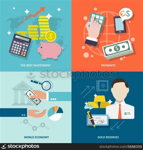Bank service best investment payments world economy gold reserves flat icons set isolated vector illustration