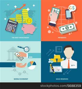 Bank service best investment payments world economy gold reserves flat icons set isolated vector illustration