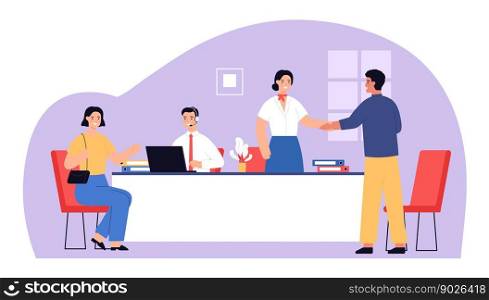 Bank service employees and clients, financial consultation. Office bank service, financial business, credit banking payment, worker at desk illustration. Bank service employees and clients, financial consultation