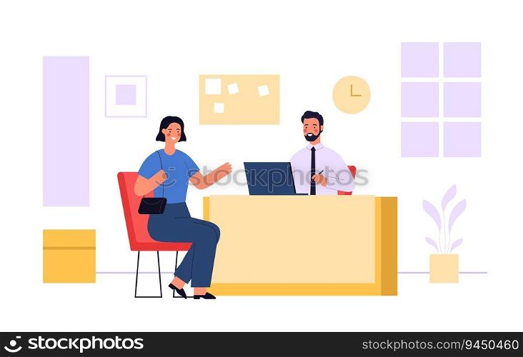 Bank service employees and clients. Financial manager sitting at desk and consulting customer. Opening account for female character. Cartoon professional assistant a workplace vector. 2302 m10 S ST Bank service employees and clients