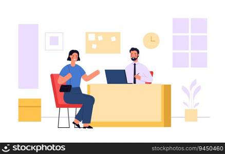 Bank service employees and clients. Financial manager sitting at desk and consulting customer. Opening account for female character. Cartoon professional assistant a workplace vector. 2302 m10 S ST Bank service employees and clients