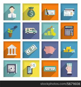 Bank service flat icons set with money box storage check isolated vector illustration