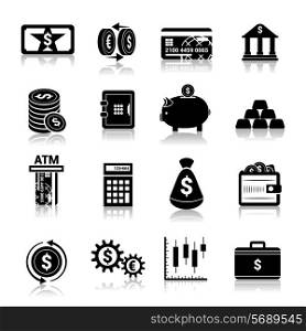 Bank service money black icons set with cash banknote and coins isolated vector illustration