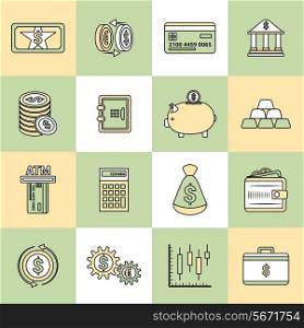 Bank service money flat line icons set with deposit wealth growth isolated vector illustration