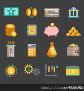 Bank service money icons set with money box storage card isolated vector illustration