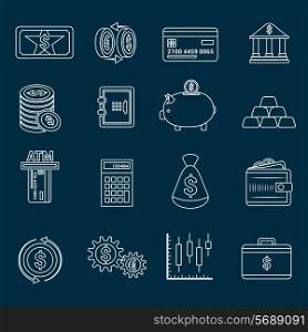 Bank service money outline icons set with gold reserve and piggy bank isolated vector illustration