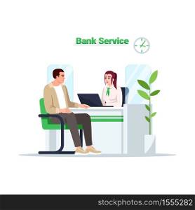 Bank service semi flat RGB color vector illustration. Customer on reception. Man talk with advisor. Male client with female consultant isolated cartoon character on white background. Bank service semi flat RGB color vector illustration