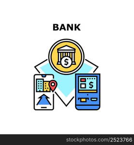 Bank Service Vector Icon Concept. Gps System Technology And Mobile Application For Finding Bank Service And Atm Or Pos Terminal. Navigation App For Search Financial Building Online Color Illustration. Bank Service Vector Concept Color Illustration