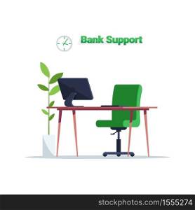Bank support manager workplace semi flat RGB color vector illustration. Desk with computer for online consultation. Financial department workspace furniture isolated cartoon object on white background. Bank support manager workplace semi flat RGB color vector illustration