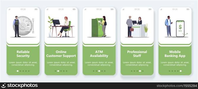 Bank support service onboarding mobile app screen vector template. Reliable security. ATM availability. Walkthrough website steps with flat characters. Smartphone cartoon UX, UI, GUI. Bank support service onboarding mobile app screen vector template