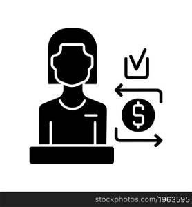 Bank teller black glyph icon. Finance and customer service professional. Interaction with customers specialist. Account manager. Silhouette symbol on white space. Vector isolated illustration. Bank teller black glyph icon