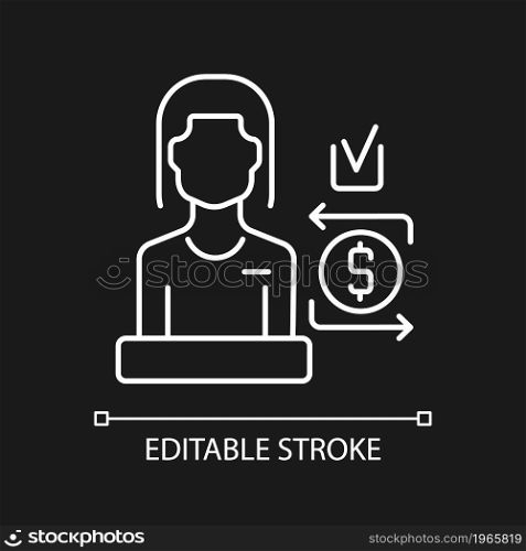 Bank teller white linear icon for dark theme. Customer service employee. Interaction with clients. Thin line customizable illustration. Isolated vector contour symbol for night mode. Editable stroke. Bank teller white linear icon for dark theme