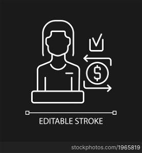Bank teller white linear icon for dark theme. Customer service employee. Interaction with clients. Thin line customizable illustration. Isolated vector contour symbol for night mode. Editable stroke. Bank teller white linear icon for dark theme