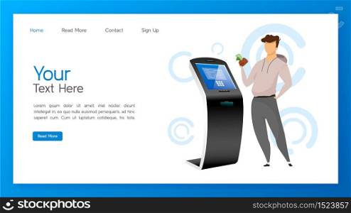 Bank terminal landing page vector template. Cash operation website interface idea with flat illustrations. Automated teller machine homepage layout. Self order kiosk web banner cartoon concept