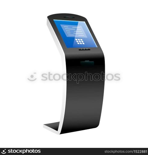 Bank terminal realistic vector illustration. Self service payment kiosk flat color object. Interactive software. Modern freestanding computer for financial operations isolated on white background