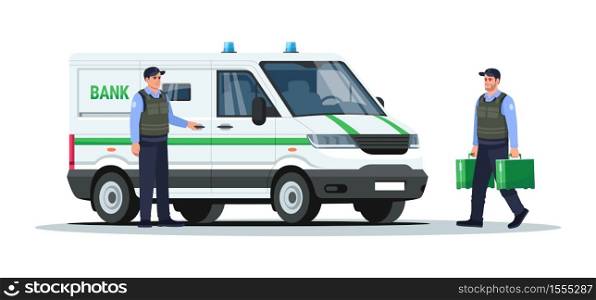 Bank truck with guards semi flat RGB color vector illustration. Armored vehicle money transportation. Auto with authority and carriers. Police man isolated cartoon character on white background. Bank truck with guards semi flat RGB color vector illustration