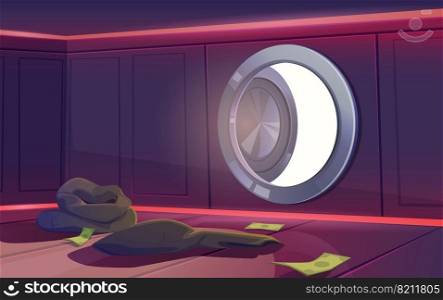Bank vault room with open door, some dollar banknotes and empty sacks lying on floor, sun light falling into inner safe area, view from inside. Robbery or economics crisis Cartoon vector illustration. Bank vault room with open door, economics crisis