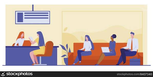 Bank worker providing service to customers. People in bank office sitting in line flat vector illustration. Banking services, customer support concept for banner, website design or landing web page