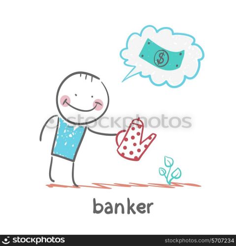 banker plant watering and thinks about the dollar