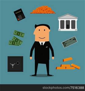 Banker profession and financial icons with businessman and gold, safe and check, dollar coins and bills, calculator and bank building. Banker profession and financial icons