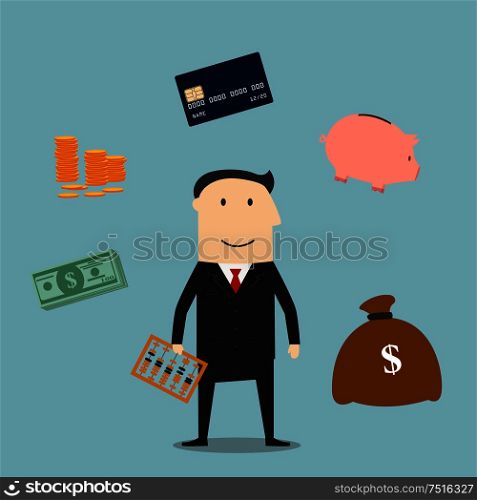Banker profession flat concept design with businessman in glasses and financial icons such as money bags, credit card, handshake, piggy bank, dollar coins and bills, ATM with hand. Banker profession and finance icons